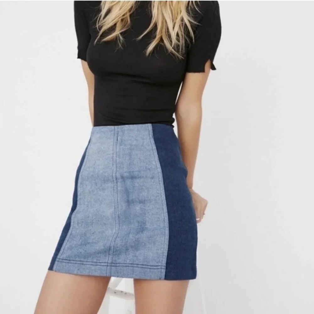 Free People Two‎ Tone Multi Panel Stretch Denim Jeans Mini Skirt Size 8
